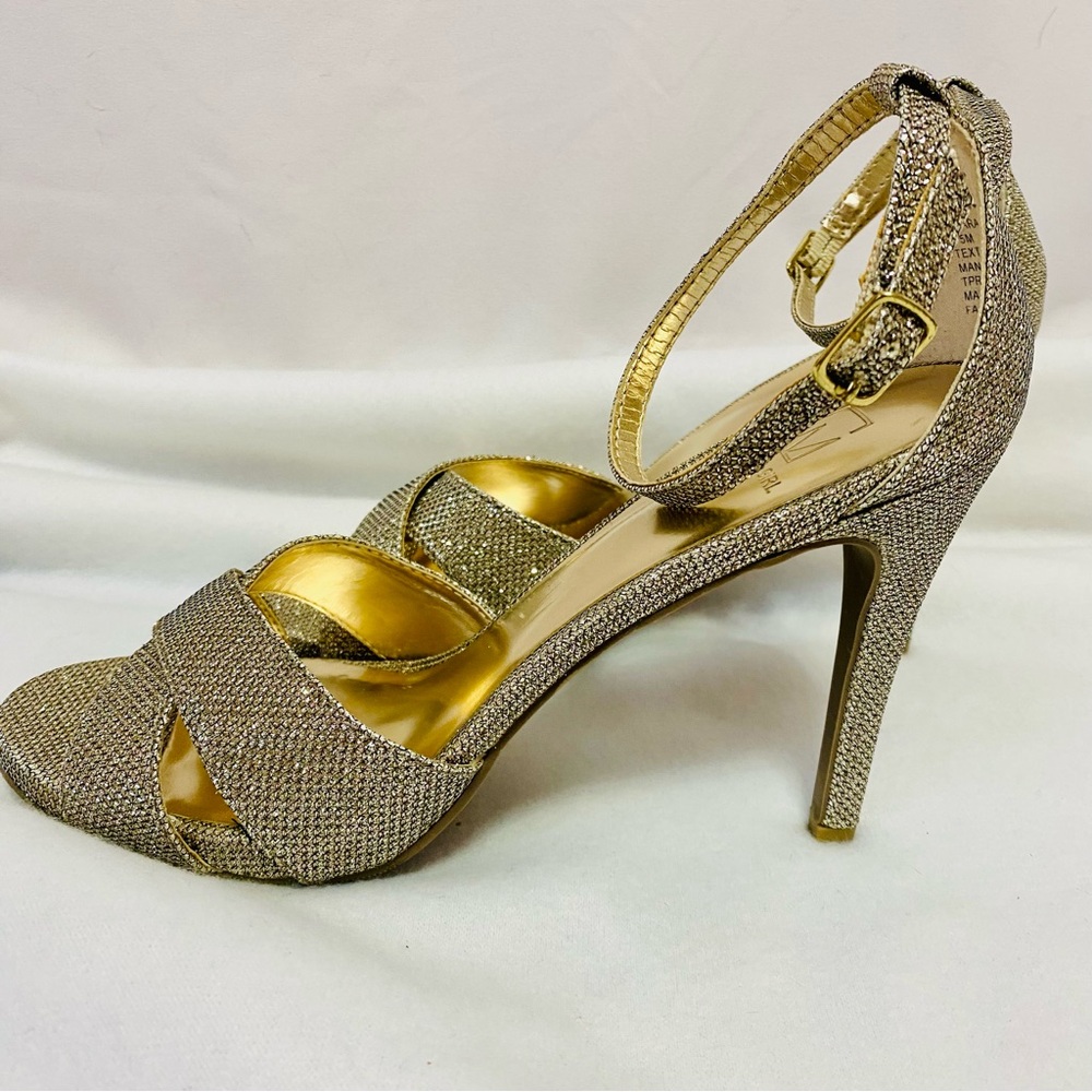 Macy’s Material Girl Gold Glitter Ankle Strap Open Toe 4 In. Stiletto Heels 8.5 - Picture 3 of 14